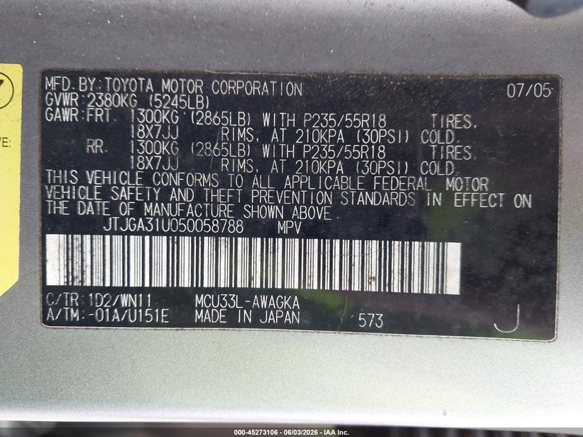 2005 Lexus Rx 330 VIN: JTJGA31U050058788 Lot: 45273106