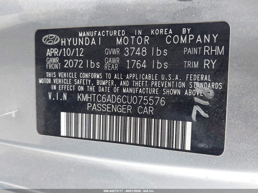 2012 Hyundai Veloster Base W/Black VIN: KMHTC6AD6CU075576 Lot: 45273117