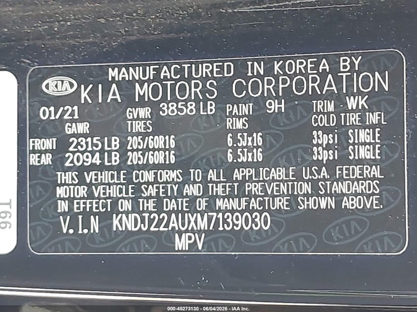 2021 Kia Soul Lx VIN: KNDJ22AUXM7139030 Lot: 45273130
