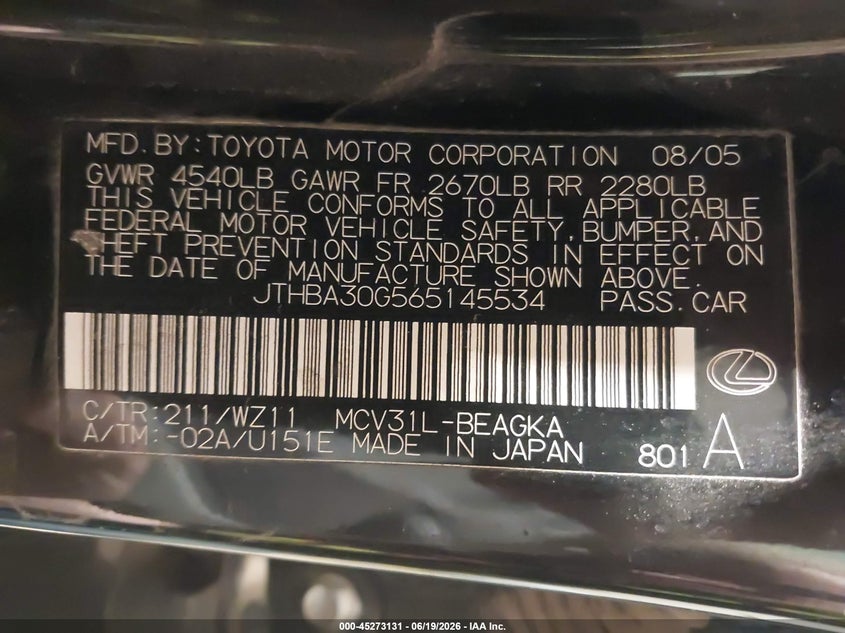 LEXUS ES 330 2006 VIN JTHBA30G565145534