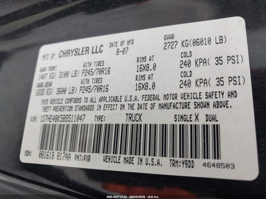 2008 Dodge Dakota Slt VIN: 1D7HE48K58S511047 Lot: 45273133