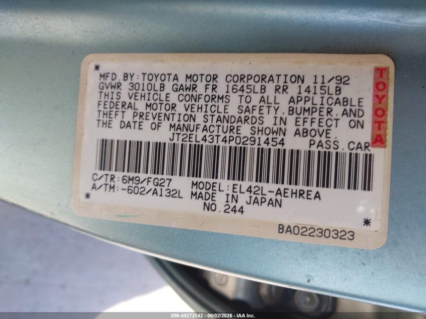 1993 Toyota Tercel Dx VIN: JT2EL43T4P0291454 Lot: 45273142