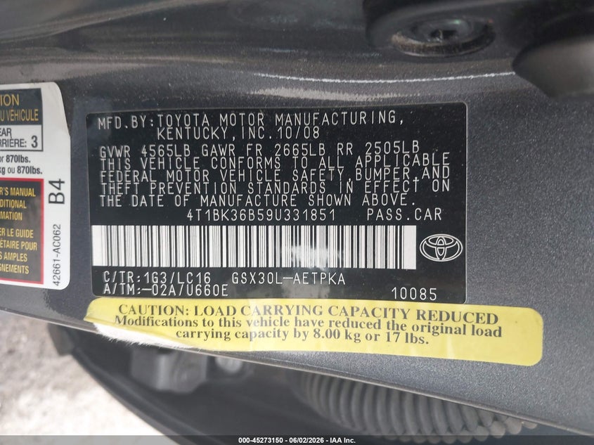 2009 Toyota Avalon Limited VIN: 4T1BK36B59U331851 Lot: 45273150