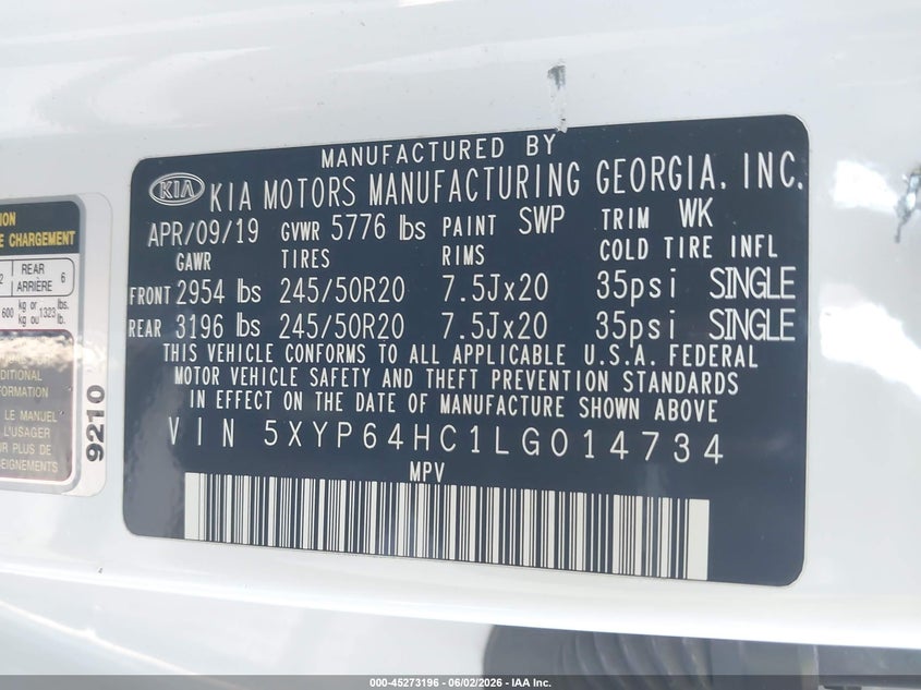 2020 Kia Telluride S VIN: 5XYP64HC1LG014734 Lot: 45273196