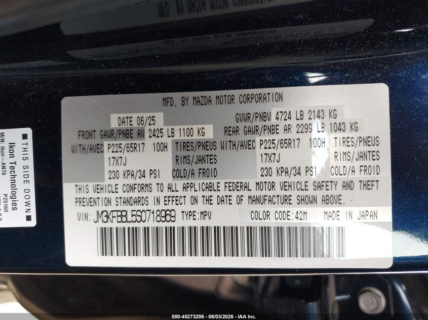 2025 Mazda Cx-5 2.5 S Select VIN: JM3KFBBL5S0718969 Lot: 45273206