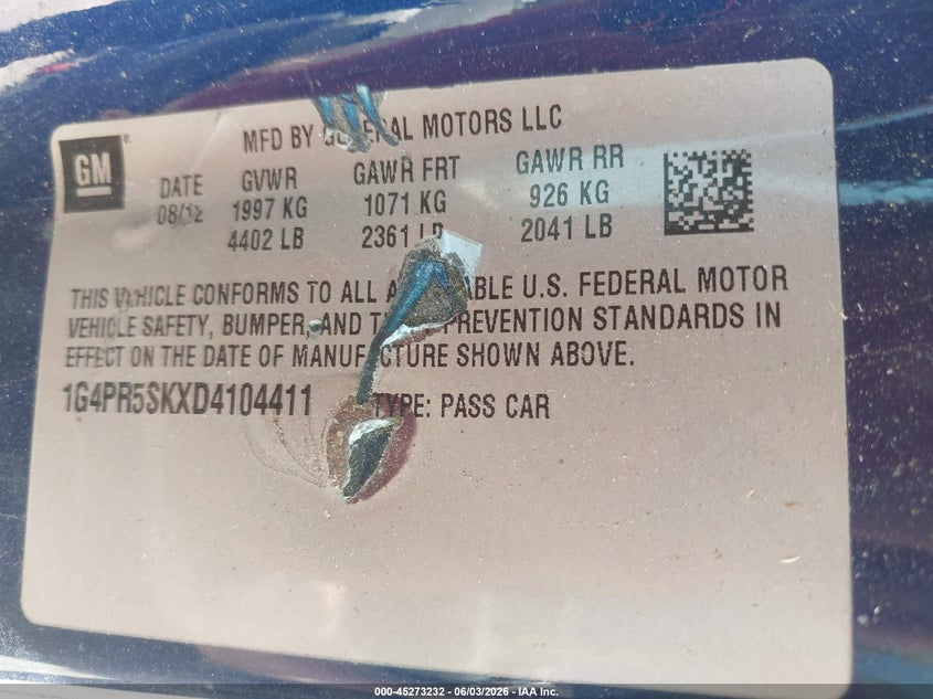 2013 Buick Verano Convenience Group VIN: 1G4PR5SKXD4104411 Lot: 45273232