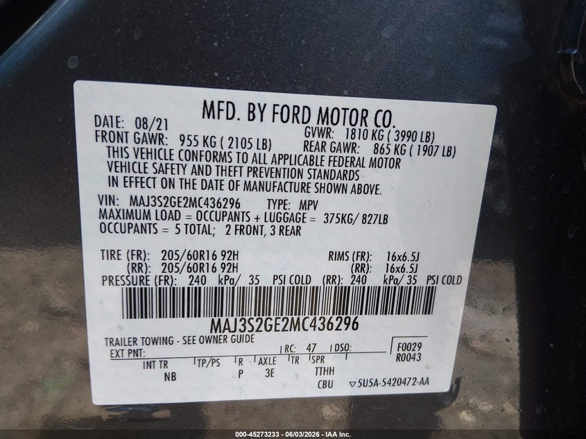 VIN MAJ3S2GE2MC436296 2021 FORD ECOSPORT SE