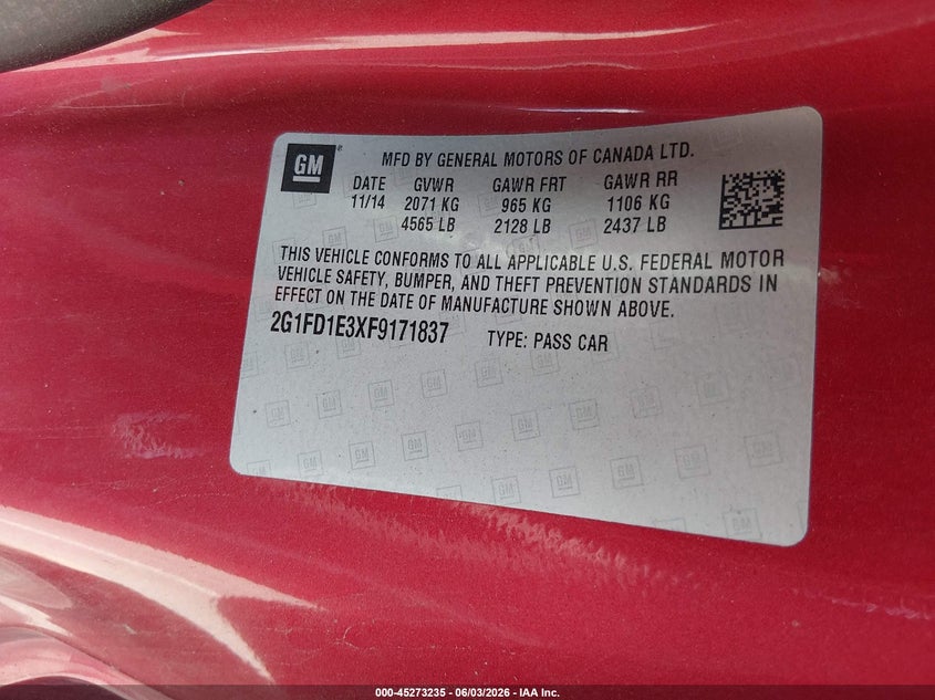 2015 Chevrolet Camaro 1Lt VIN: 2G1FD1E3XF9171837 Lot: 45273235