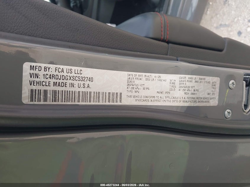 2025 Dodge Durango Gt Awd VIN: 1C4RDJDGXSC532740 Lot: 45273244