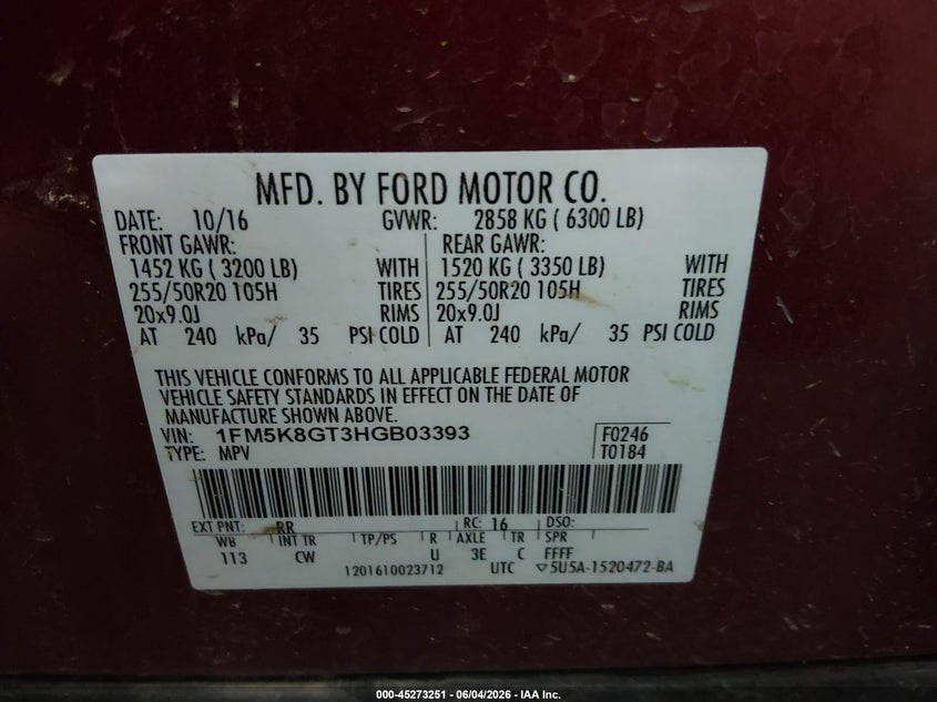 2017 Ford Explorer Sport VIN: 1FM5K8GT3HGB03393 Lot: 45273251