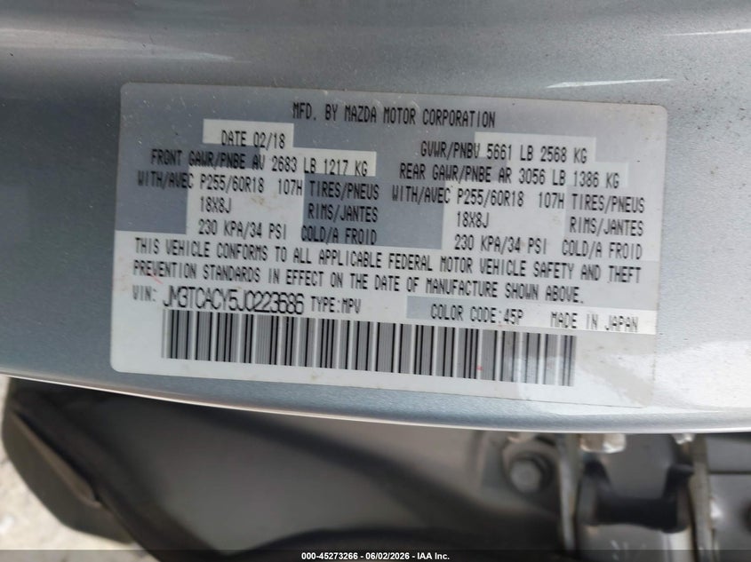 2018 Mazda Cx-9 Touring VIN: JM3TCACY5J0223686 Lot: 45273266