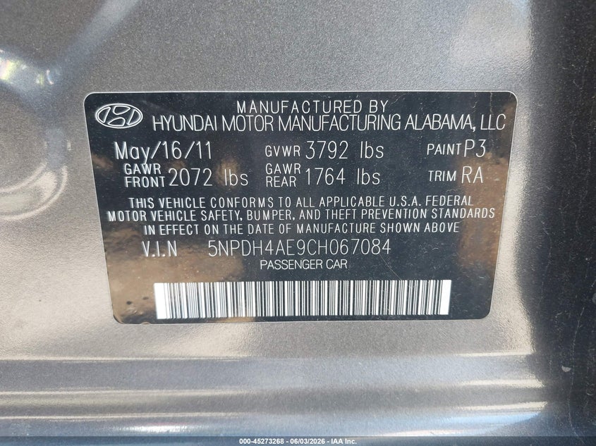 2012 Hyundai Elantra 1.8 Gls grey Lot 111045273268 Vin 5NPDH4AE9CH067084