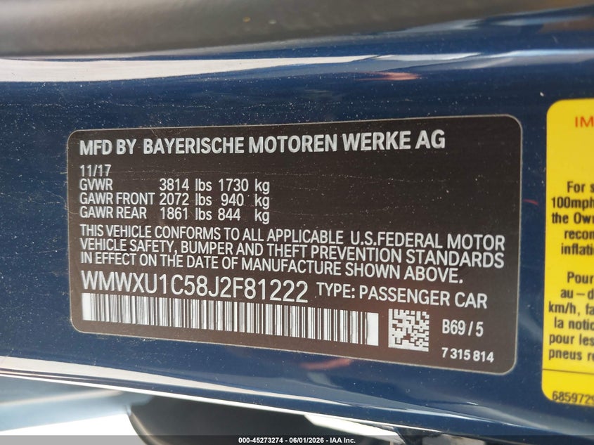 2018 Mini Hardtop Cooper VIN: WMWXU1C58J2F81222 Lot: 45273274