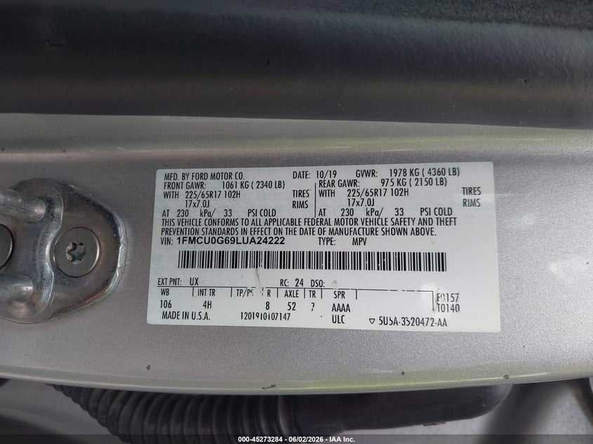 FORD ESCAPE 2020 VIN 1FMCU0G69LUA24222