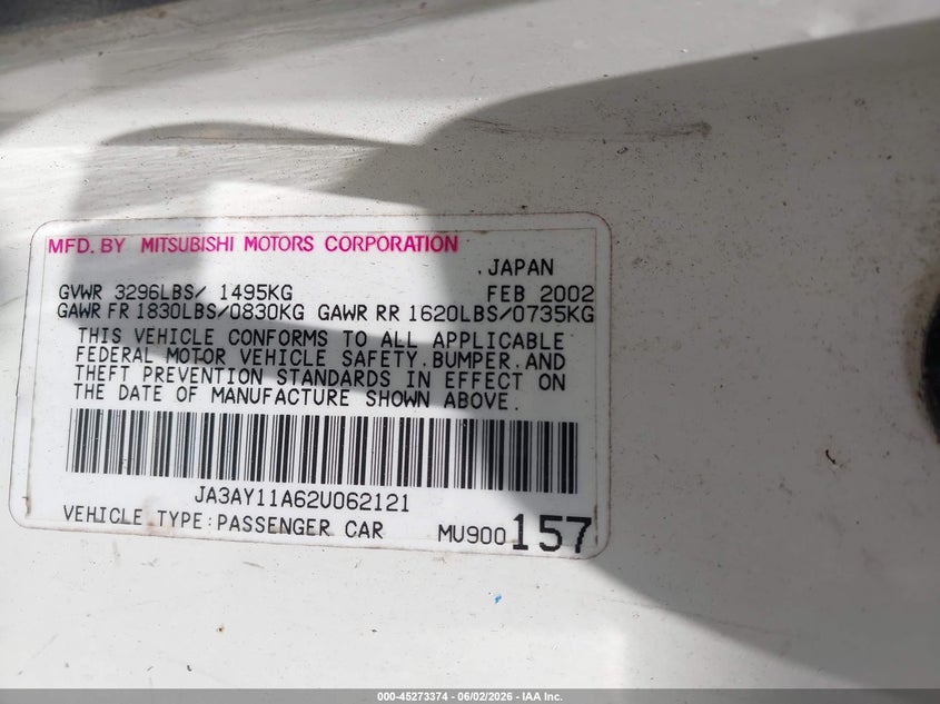 2002 Mitsubishi Mirage De VIN: JA3AY11A62U062121 Lot: 45273374