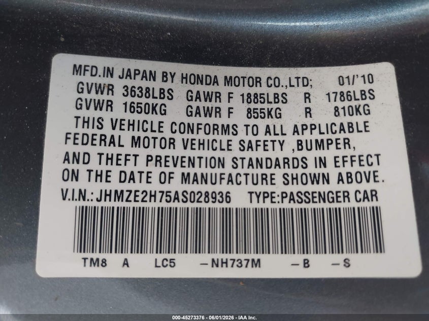 2010 Honda Insight Ex VIN: JHMZE2H75AS028936 Lot: 45273376