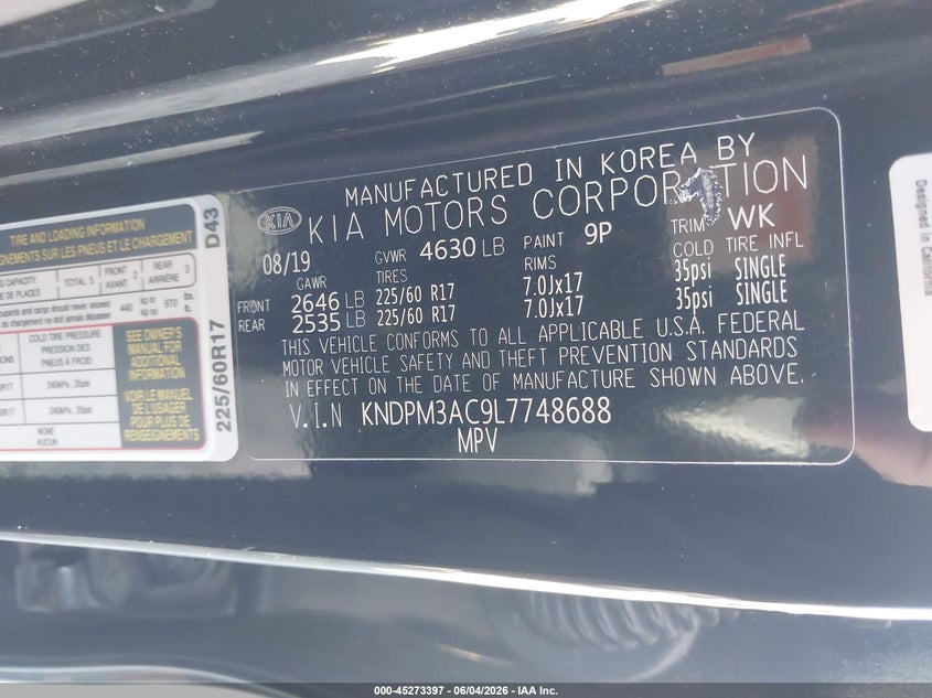 2020 Kia Sportage Lx VIN: KNDPM3AC9L7748688 Lot: 45273397