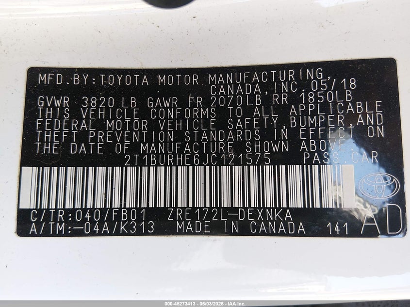 2018 Toyota Corolla Le VIN: 2T1BURHE6JC121575 Lot: 45273413