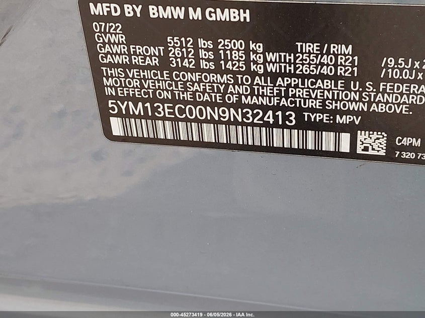 2022 BMW X3 M 3.0L I-6 DI, DOHC, V(VIN: 5YM13EC00N9N32413