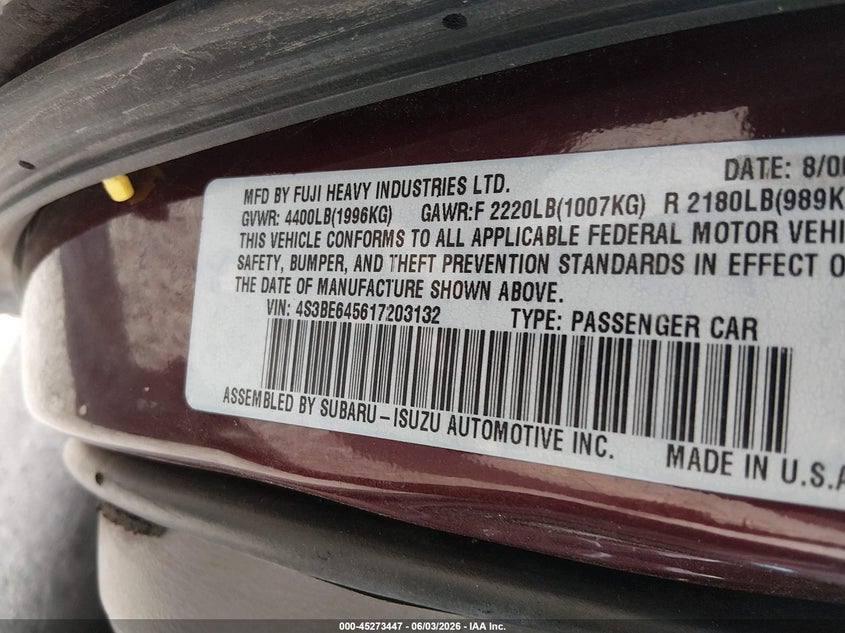 2001 Subaru Legacy Gt VIN: 4S3BE645617203132 Lot: 45273447