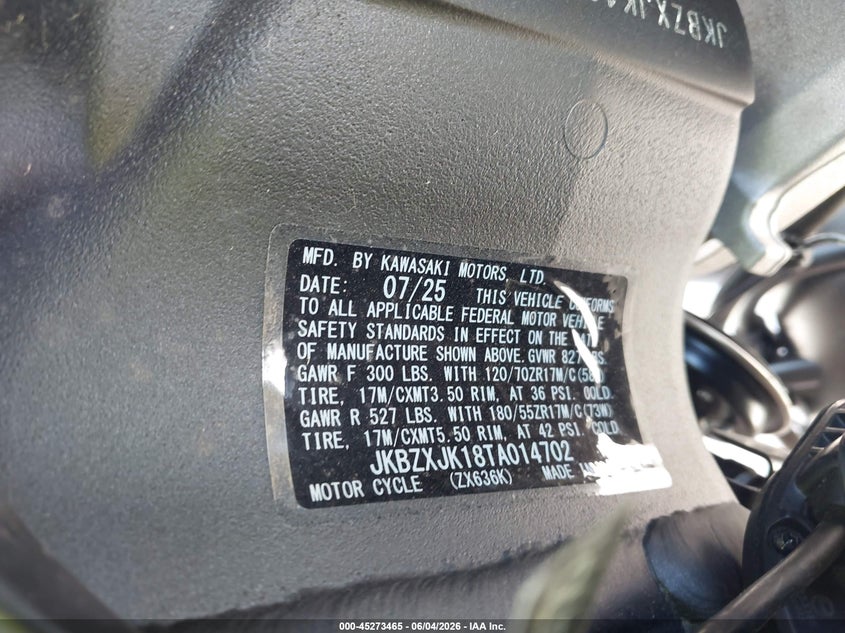 2026 Kawasaki Zx636 K VIN: JKBZXJK18TA014702 Lot: 45273465