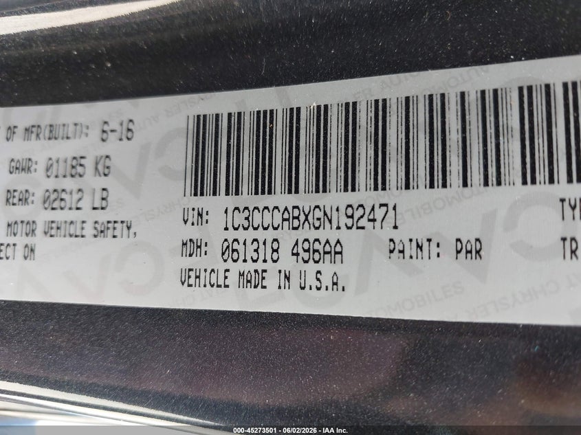 2016 Chrysler 200 Limited Platinum VIN: 1C3CCCABXGN192471 Lot: 45273501