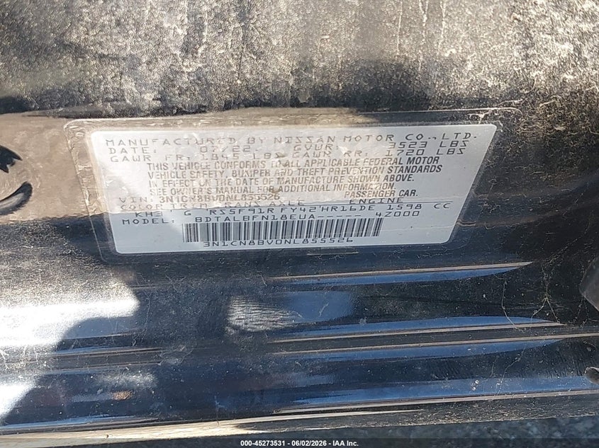 2022 Nissan Versa S 5-Speed Manual Transmission VIN: 3N1CN8BV0NL855526 Lot: 45273531