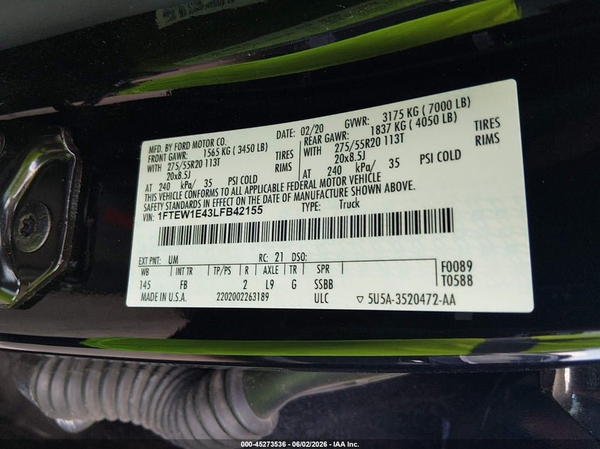 2020 FORD F-150 PICKUP 3.5L V-6 DI, DOHC, VVT, TURBO, 375HP