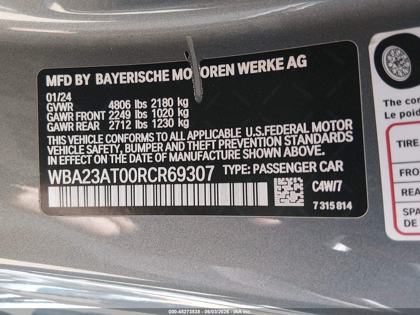 2024 BMW 430I VIN: WBA23AT00RCR69307 Lot: 45273538