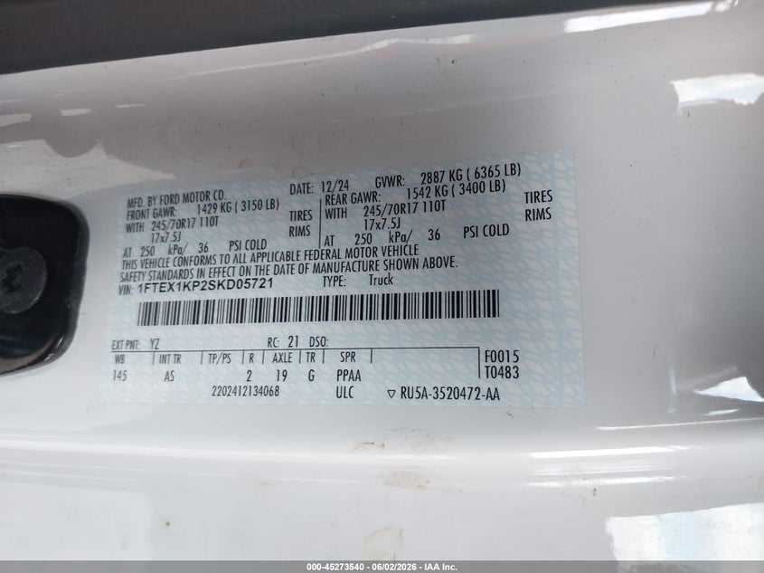 VIN 1FTEX1KP2SKD05782 2025 FORD F-150 XL