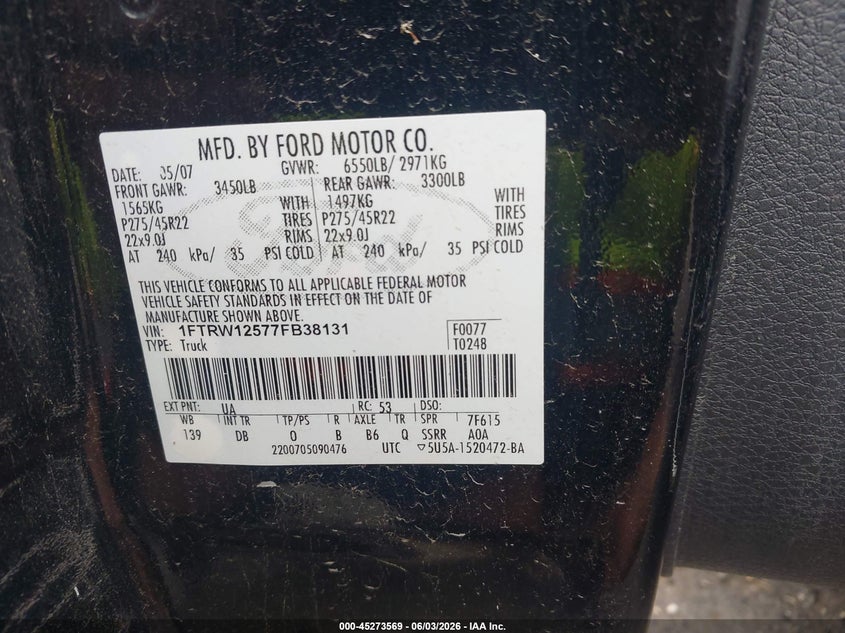 2007 Ford F-150 Lariat VIN: 1FTRW12577FB38131 Lot: 45273569