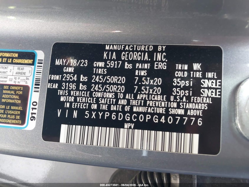 2023 Kia Telluride S VIN: 5XYP6DGC0PG407776 Lot: 45273581