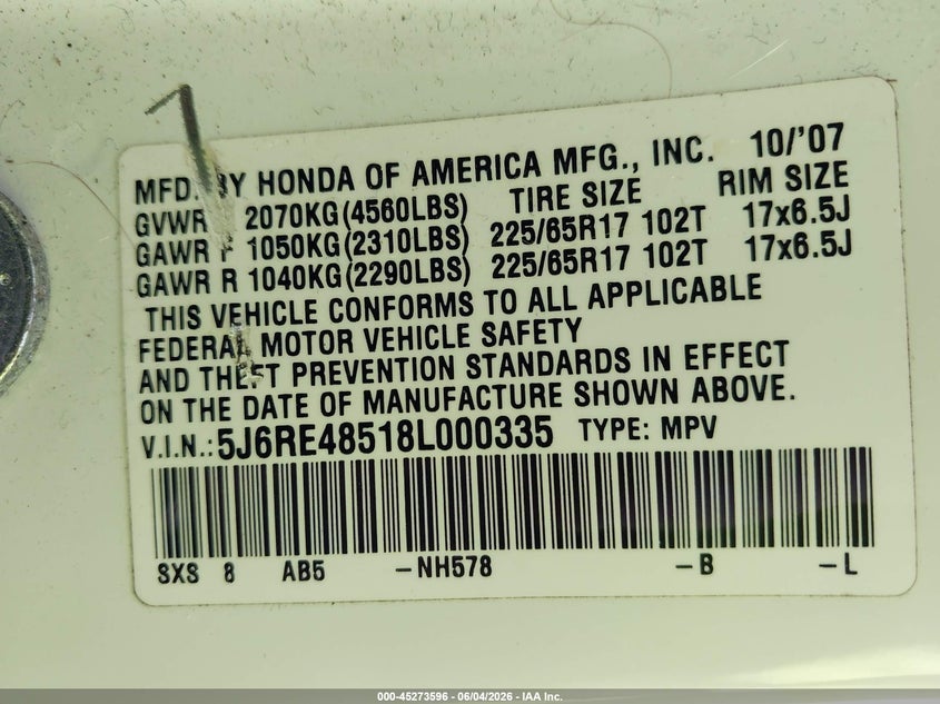 2008 Honda Cr-V Ex VIN: 5J6RE48518L000335 Lot: 45273596
