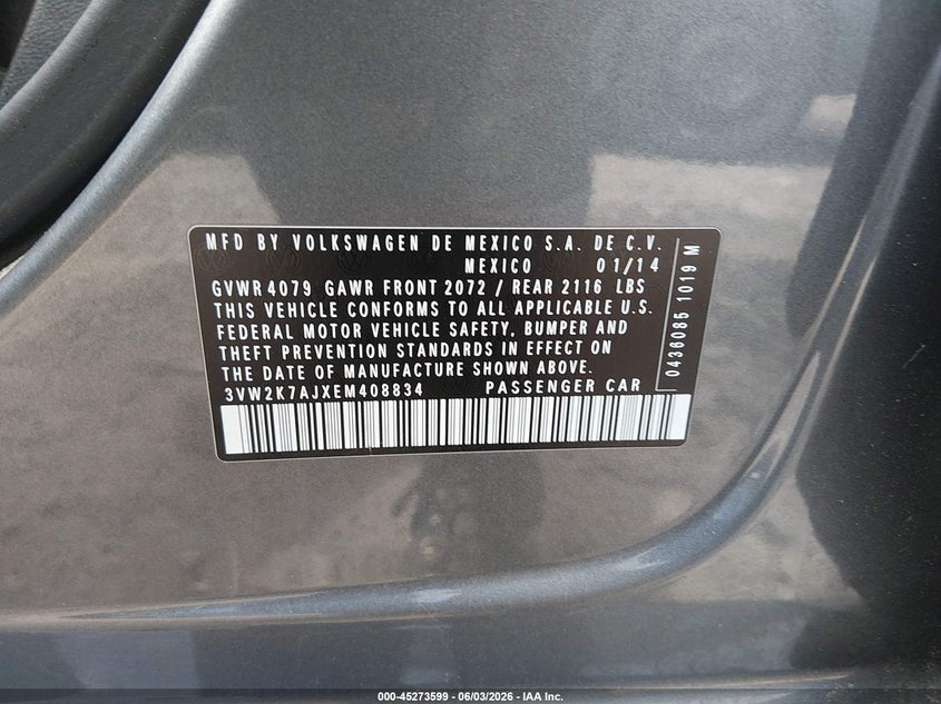 2014 Volkswagen Jetta 2.0L S VIN: 3VW2K7AJXEM408834 Lot: 45273599