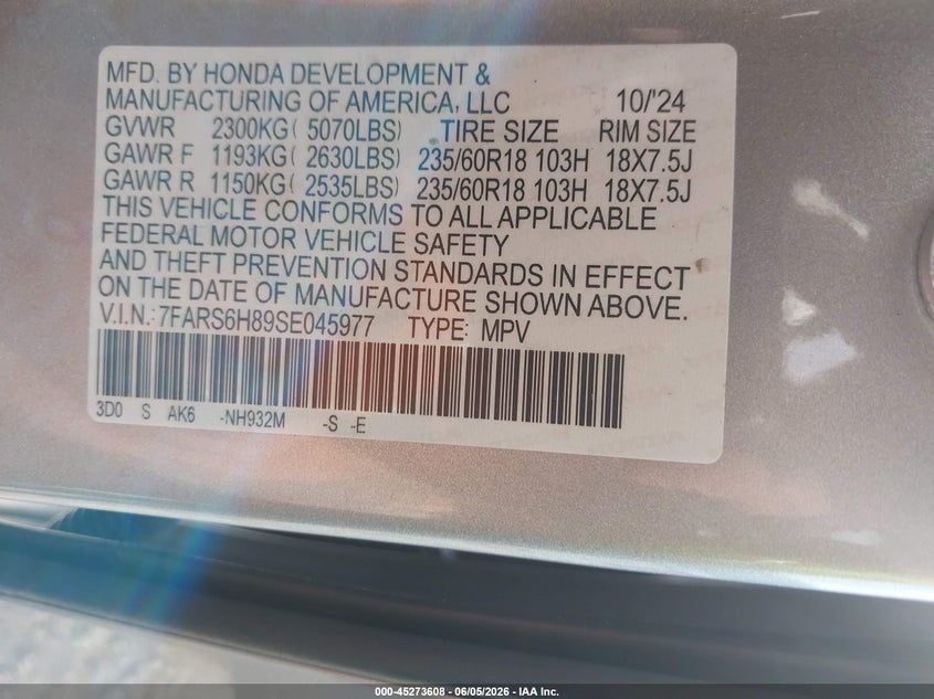 2025 HONDA CR-V HYBRID 2.0L I-4 DI, DOHC, V(VIN: 7FARS6H89SE045977