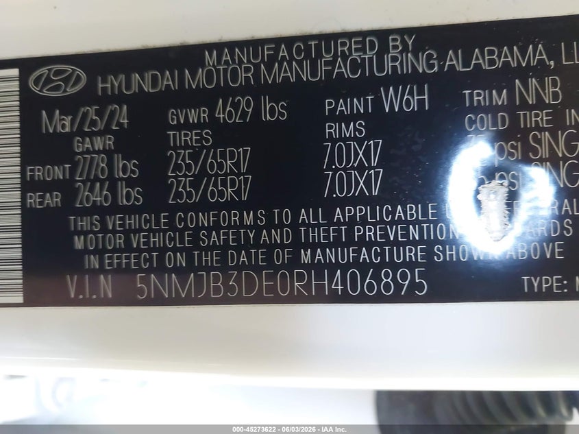 2024 Hyundai Tucson Sel VIN: 5NMJB3DE0RH406895 Lot: 45273622