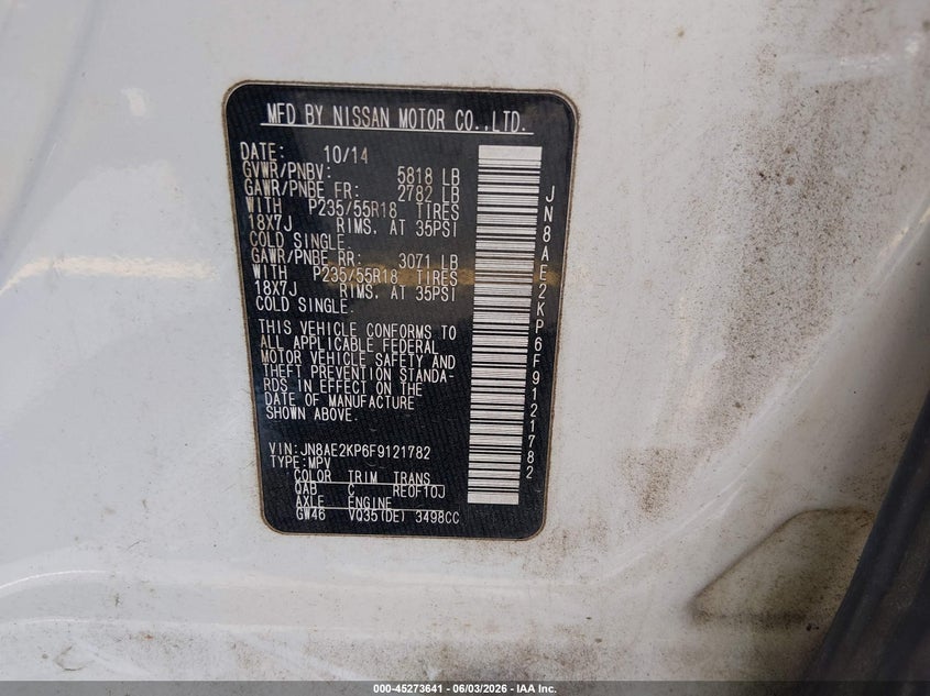 2015 Nissan Quest Sl VIN: JN8AE2KP6F9121782 Lot: 45273641