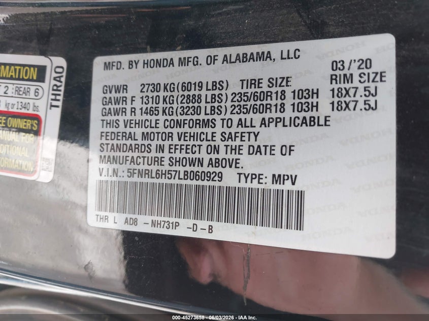 2020 Honda Odyssey Ex VIN: 5FNRL6H57LB060929 Lot: 45273658
