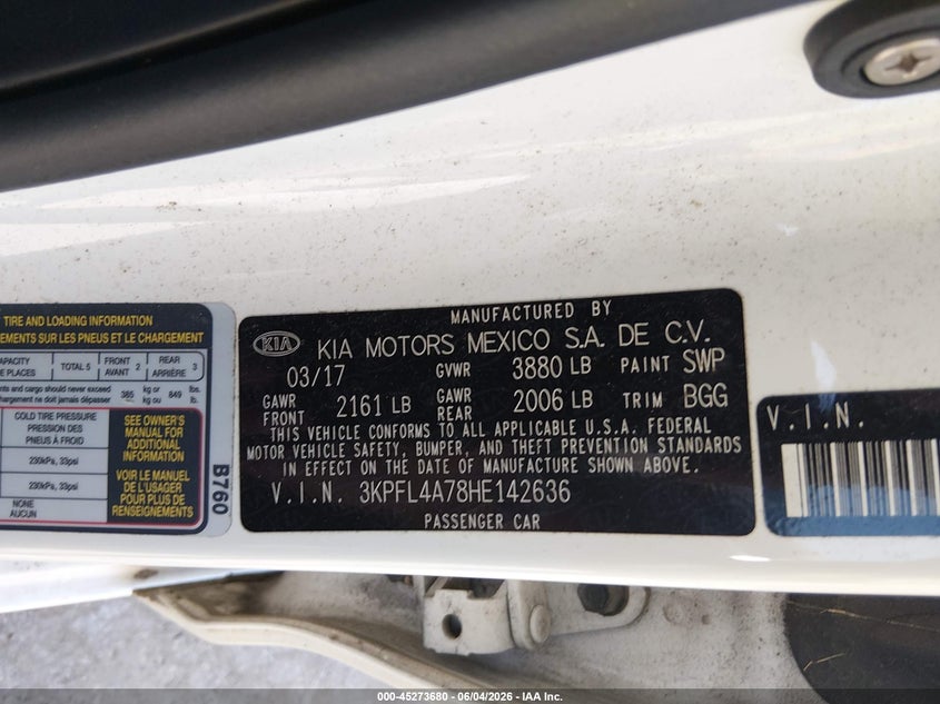 2017 Kia Forte Lx VIN: 3KPFL4A78HE142636 Lot: 45273680