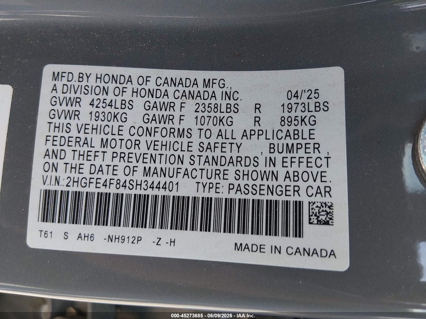 VIN 2HGFE4F84SH344401 2025 HONDA CIVIC HYBRID SPORT/SPORT TOURING