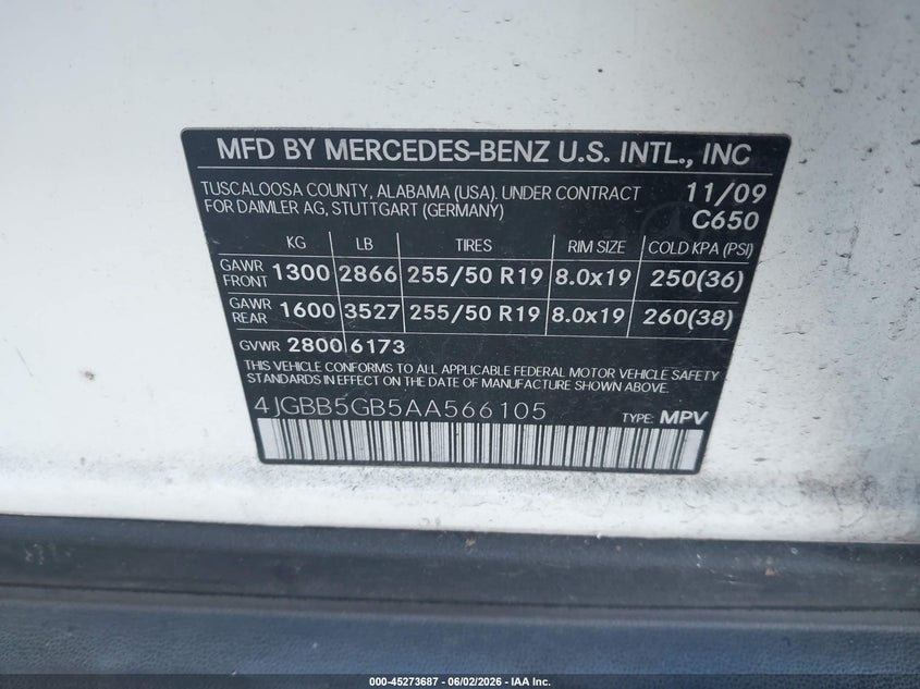 2010 Mercedes-Benz Ml 350 VIN: 4JGBB5GB5AA566105 Lot: 45273687