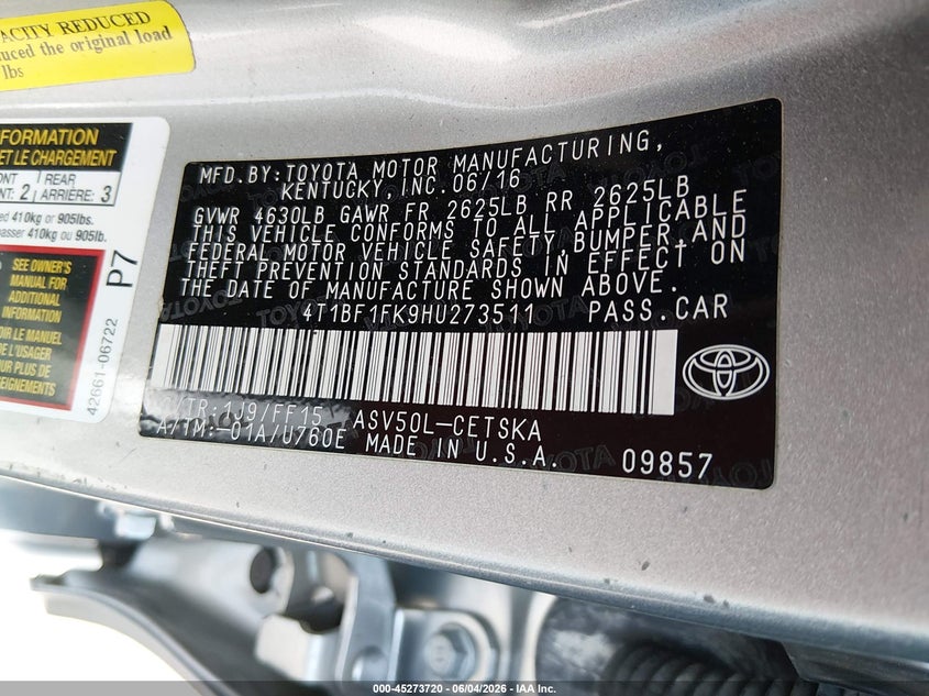 2017 Toyota Camry Se VIN: 4T1BF1FK9HU273511 Lot: 45273720