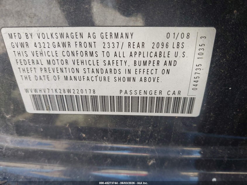 2008 Volkswagen Gti 4-Door VIN: WVWHV71K28W220178 Lot: 45273744