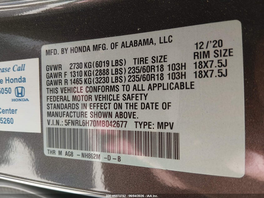 2021 Honda Odyssey Ex-L VIN: 5FNRL6H70MB042677 Lot: 45273752