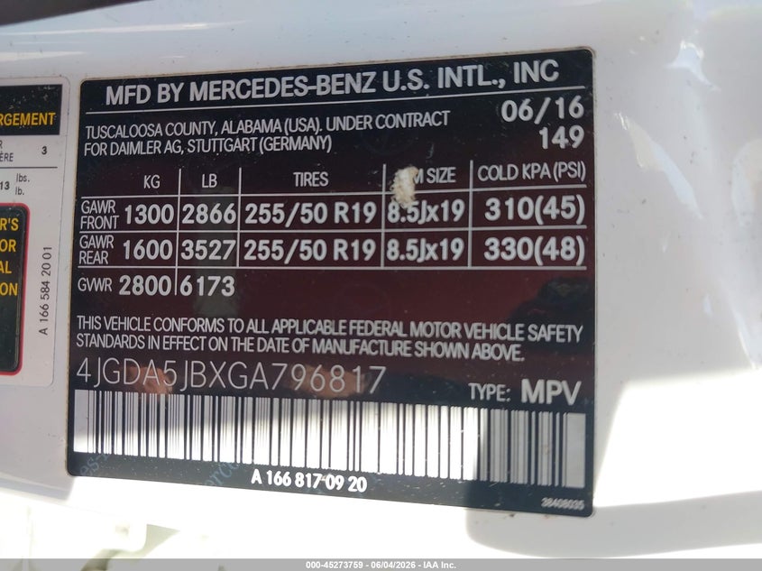 2016 Mercedes-Benz Gle 350 VIN: 4JGDA5JBXGA796817 Lot: 45273759