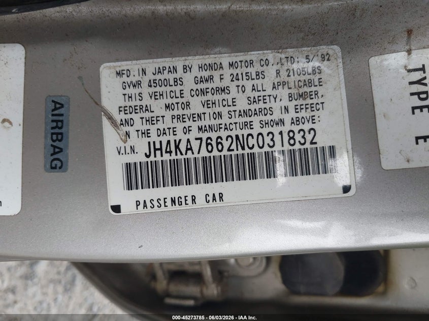 1992 Acura Legend L VIN: JH4KA7662NC031832 Lot: 45273785