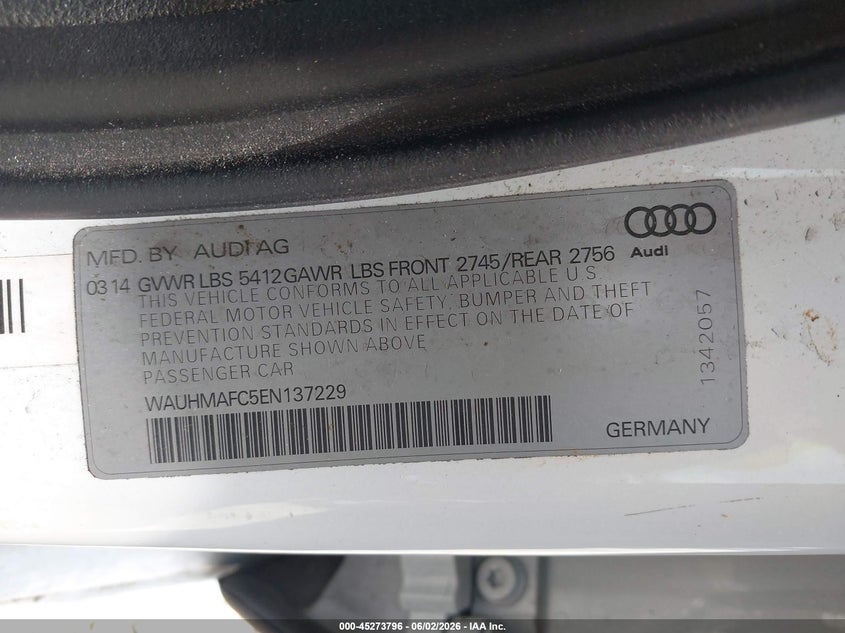 2014 Audi A6 3.0 Tdi Premium Plus VIN: WAUHMAFC5EN137229 Lot: 45273796