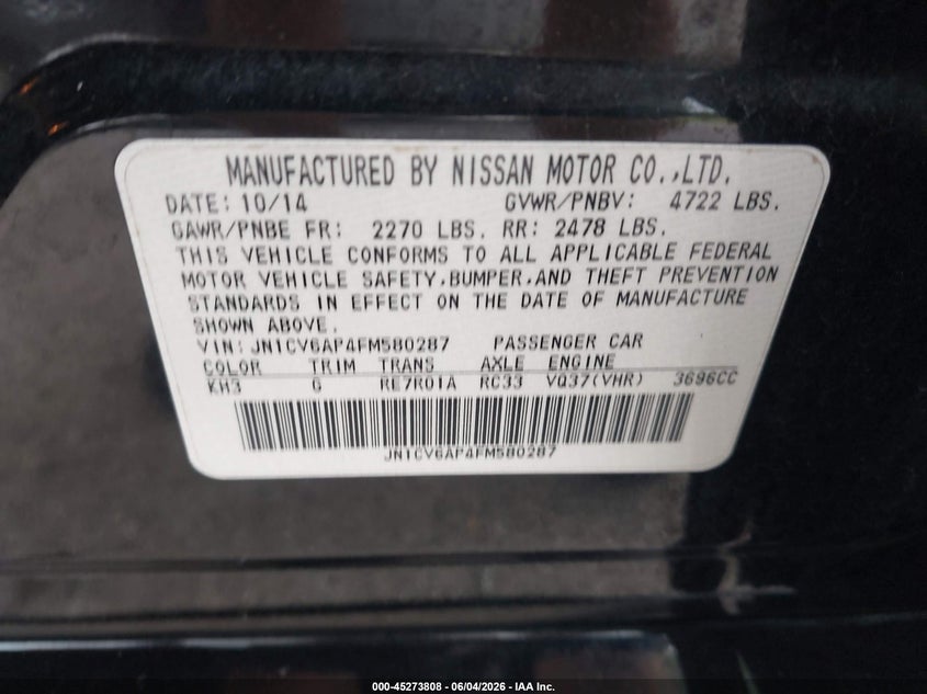 2015 Infiniti Q40 VIN: JN1CV6AP4FM580287 Lot: 45273808