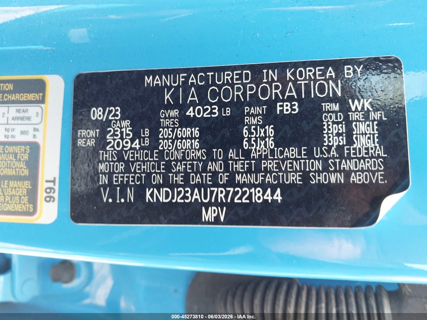 2024 Kia Soul S VIN: KNDJ23AU7R7221844 Lot: 45273810