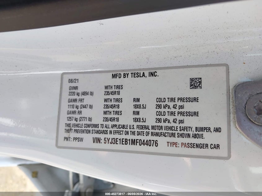 2021 Tesla Model 3 Long Range white Lot 111045273817 Vin 5YJ3E1EB1MF044076